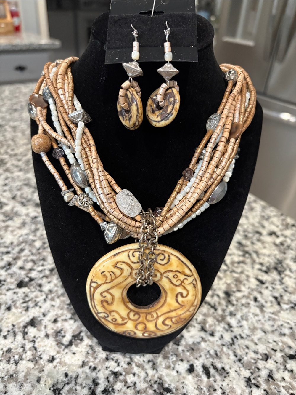 Neutral Beige Carved Donut Pendant Multi-Strand Necklace with Matching Earrings